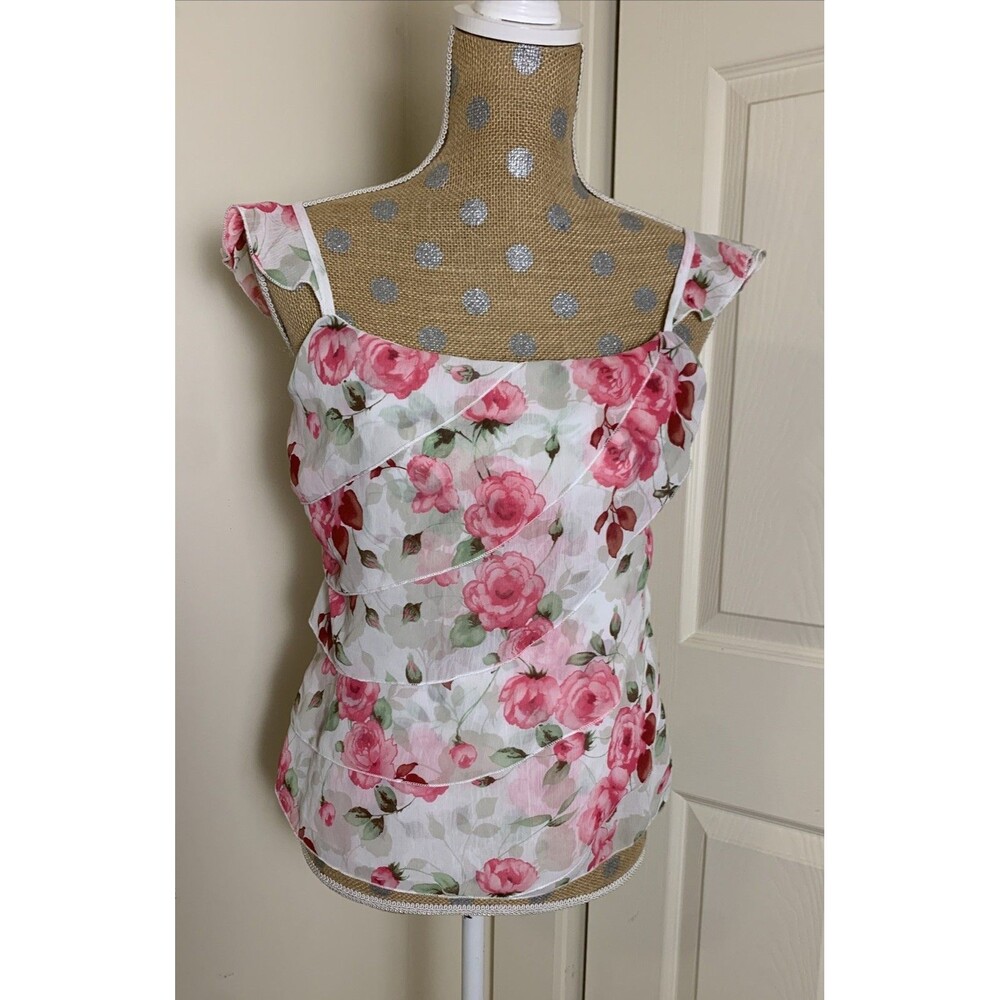 Y2K Vtg PoetryCamisole Top S Pink Floral Fairy Coquette Tiered Flowy Romantic